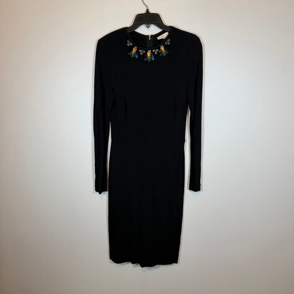 Tory Burch Deena Sheath Dress Womens S Black Long Sleeve Jeweled Beetle Neck
